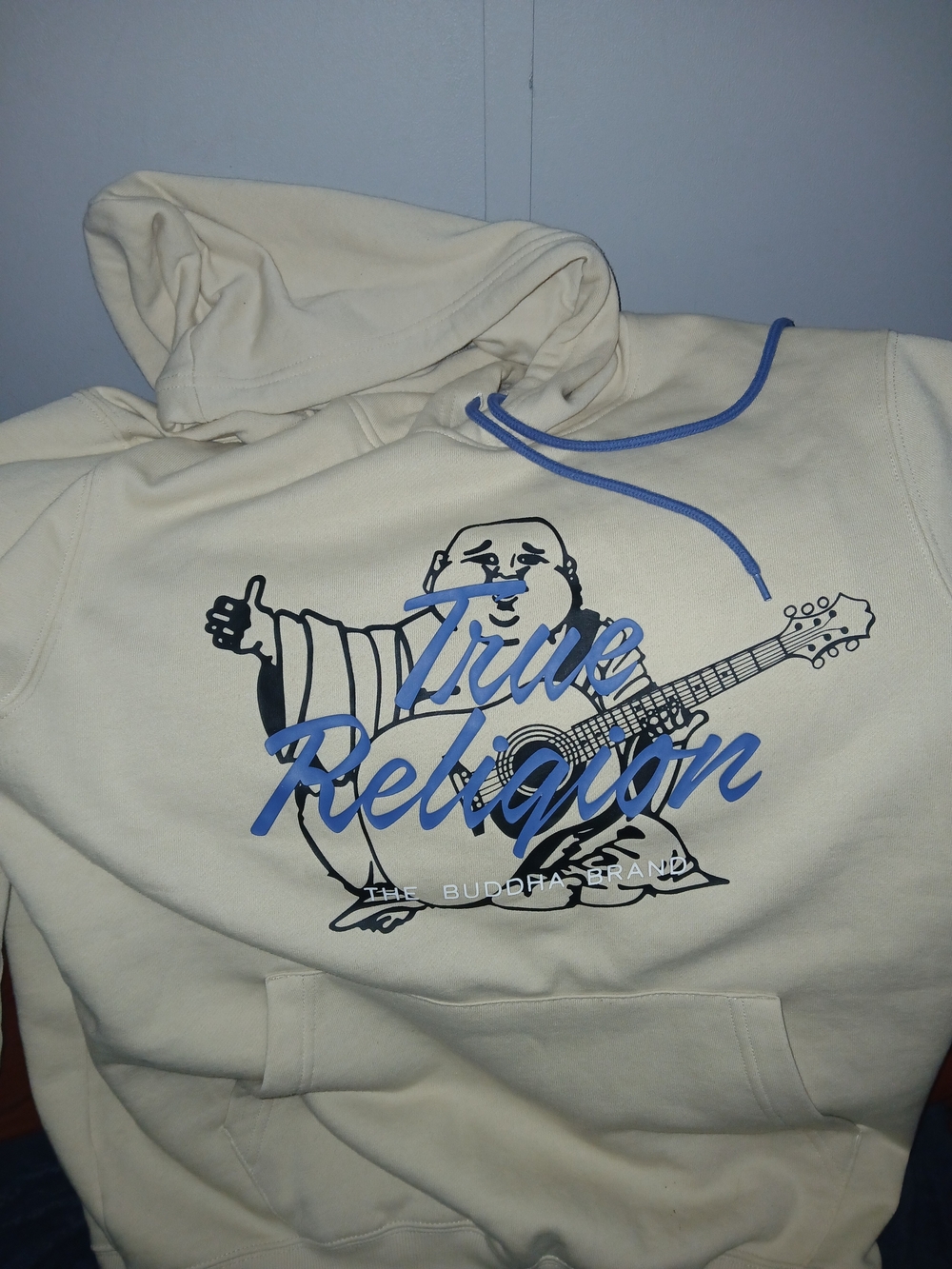 True Religion Cream Pullover Hoodie with Blue Logo & Drawcord